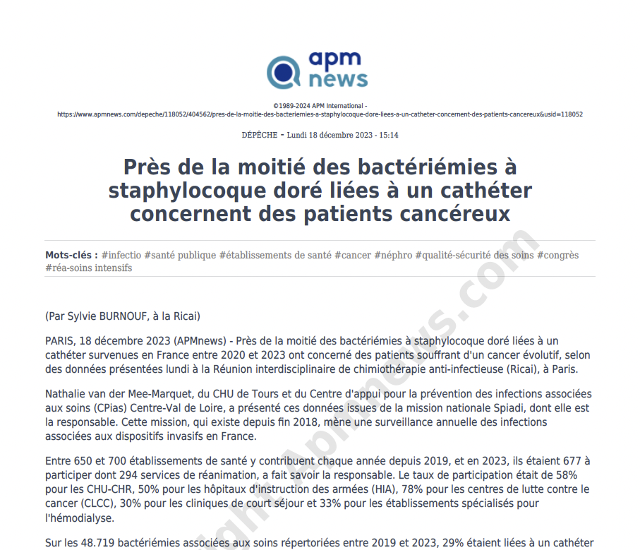 Près de la moitié des bactériémies à staphylocoque doré liées à un cathéter concernent des patients cancéreux