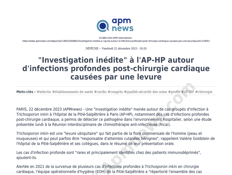 "Investigation inédite" à l'AP-HP autour d'infections profondes post-chirurgie cardiaque causées par une levure