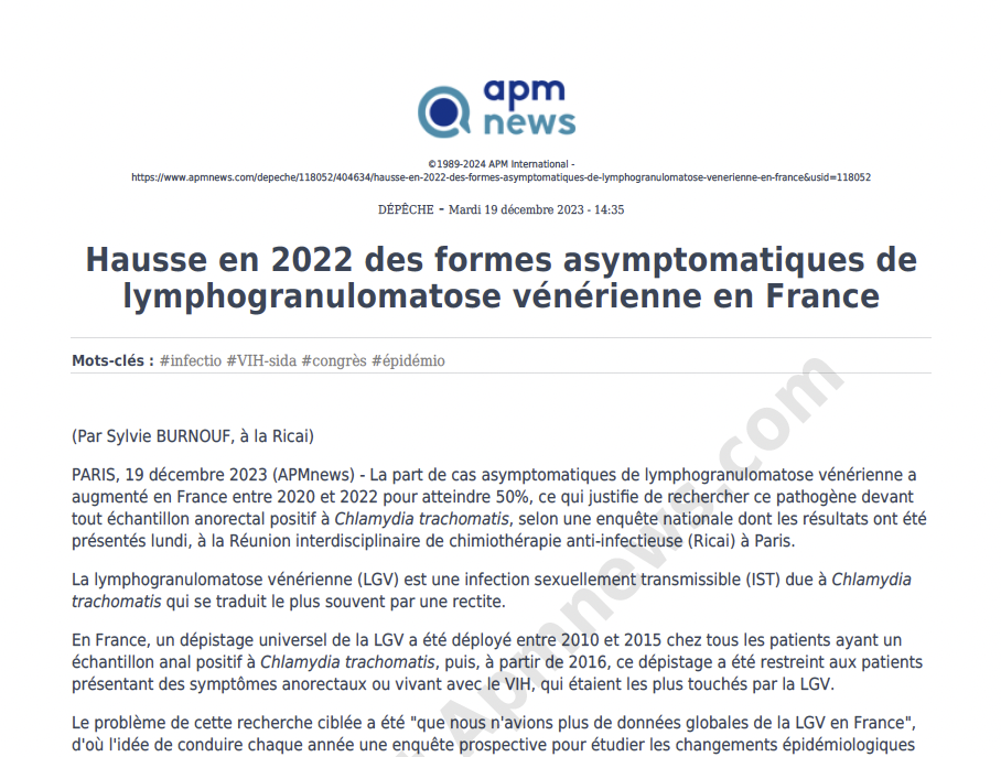 Hausse en 2022 des formes asymptomatiques de lymphogranulomatose vénérienne en France