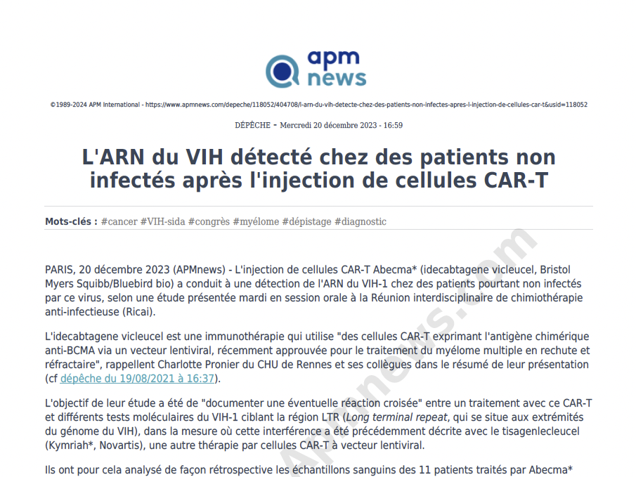 L'ARN du VIH détecté chez des patients non infectés après l'injection de cellules CAR-T