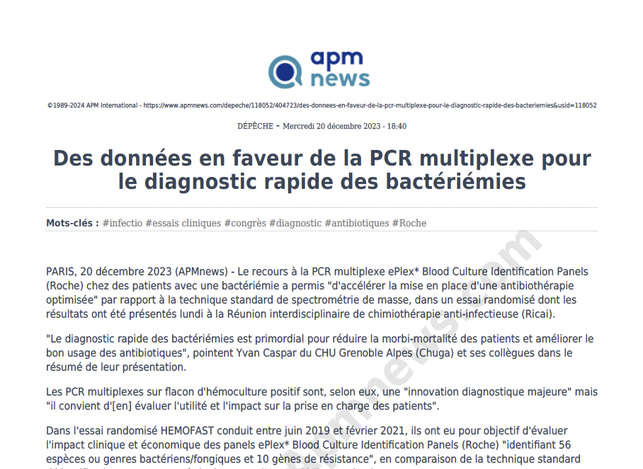 Des données en faveur de la PCR multiplexe pour le diagnostic rapide des bactériémies