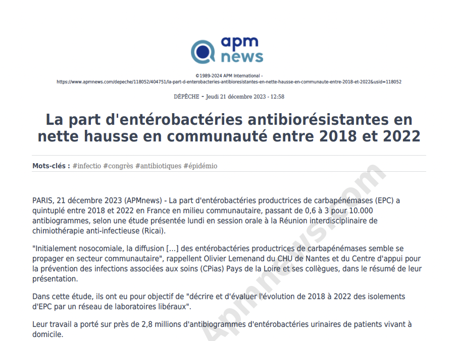 La part d'entérobactéries antibiorésistantes en nette hausse en communauté entre 2018 et 2022