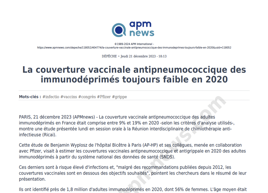 La couverture vaccinale antipneumococcique des immunodéprimés toujours faible en 2020