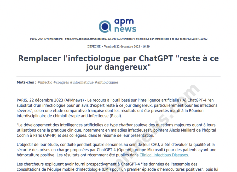 Remplacer l'infectiologue par ChatGPT "reste à ce jour dangereux"