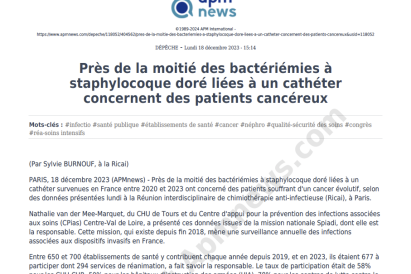 Près de la moitié des bactériémies à staphylocoque doré liées à un cathéter concernent des patients cancéreux