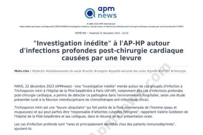 "Investigation inédite" à l'AP-HP autour d'infections profondes post-chirurgie cardiaque causées par une levure