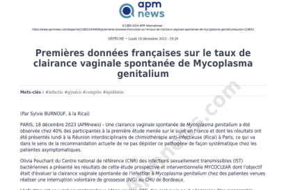 Premières données françaises sur le taux de clairance vaginale spontanée de Mycoplasma genitalium