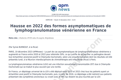 Hausse en 2022 des formes asymptomatiques de lymphogranulomatose vénérienne en France