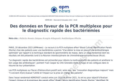 Des données en faveur de la PCR multiplexe pour le diagnostic rapide des bactériémies