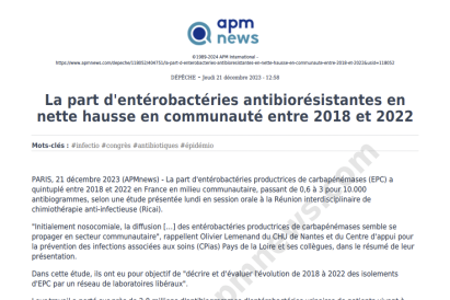 La part d'entérobactéries antibiorésistantes en nette hausse en communauté entre 2018 et 2022
