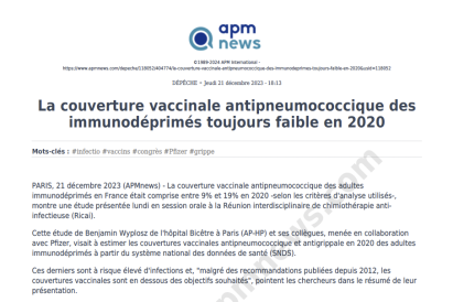 La couverture vaccinale antipneumococcique des immunodéprimés toujours faible en 2020