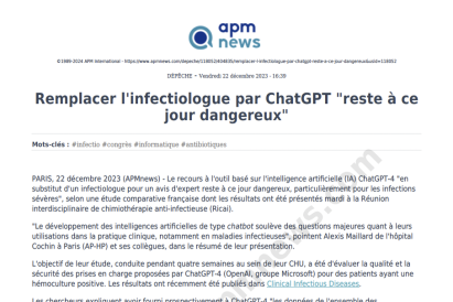 Remplacer l'infectiologue par ChatGPT "reste à ce jour dangereux"